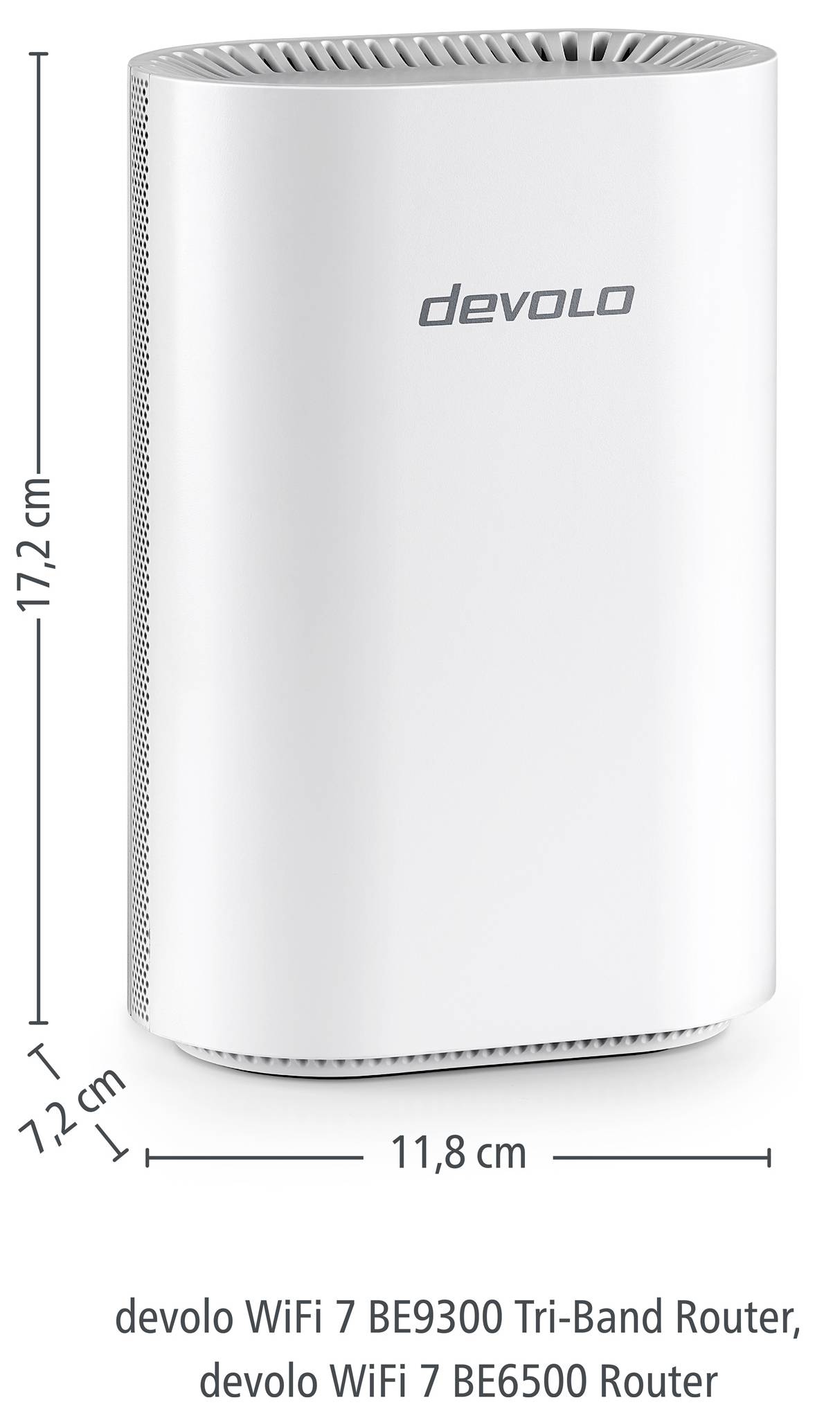A white devolo WiFi 7 tri-band router with dimensions: 17.2 cm tall, 11.8 cm wide, 7.2 cm deep.