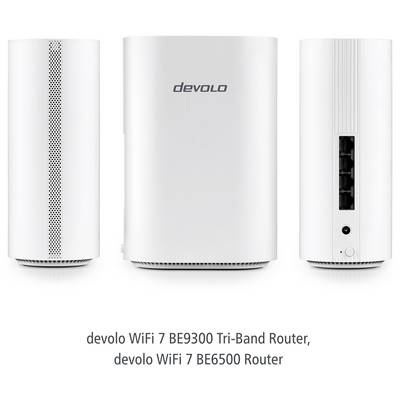 Front and back views of two white devolo routers. The front has branding; the back shows ethernet ports. Models: BE9300 and BE6500.