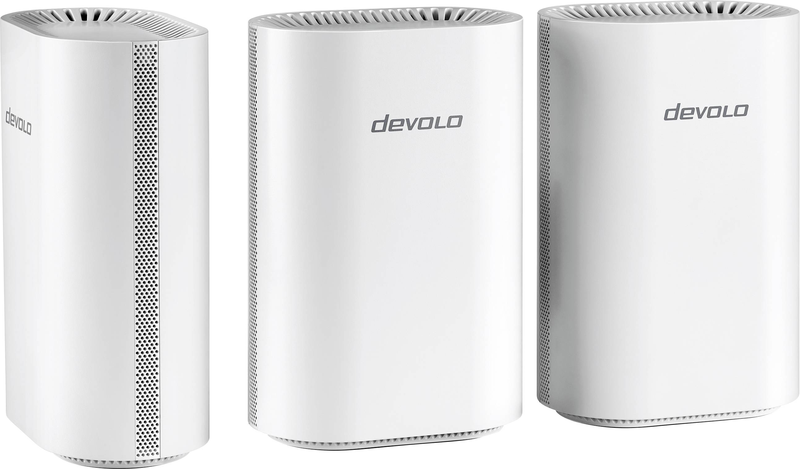 Three white Devolo mesh Wi-Fi routers with sleek cylindrical designs and ventilation on top. They are placed side by side.