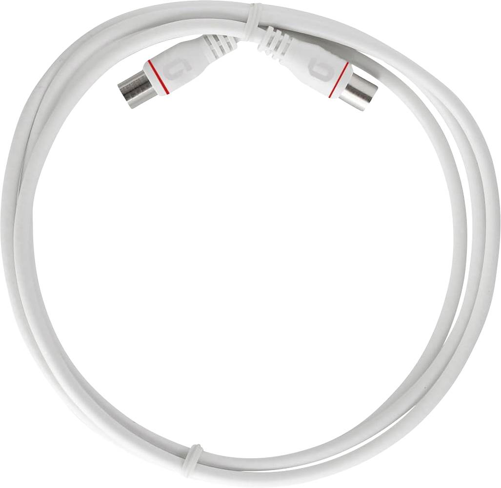 'A white coaxial cable with metal connectors at both ends, each marked with red rings.'