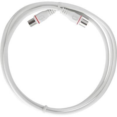 'A coiled white coaxial cable with connectors on both ends, commonly used for TV or internet connectivity.'
