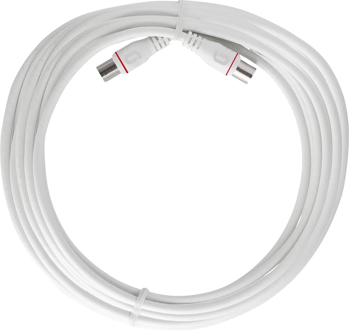 A coiled white coaxial cable with metal connectors, suitable for connecting audio or video equipment.