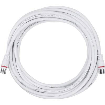 A coiled white coaxial cable with metal connectors on each end, suitable for transmitting television or internet signals.