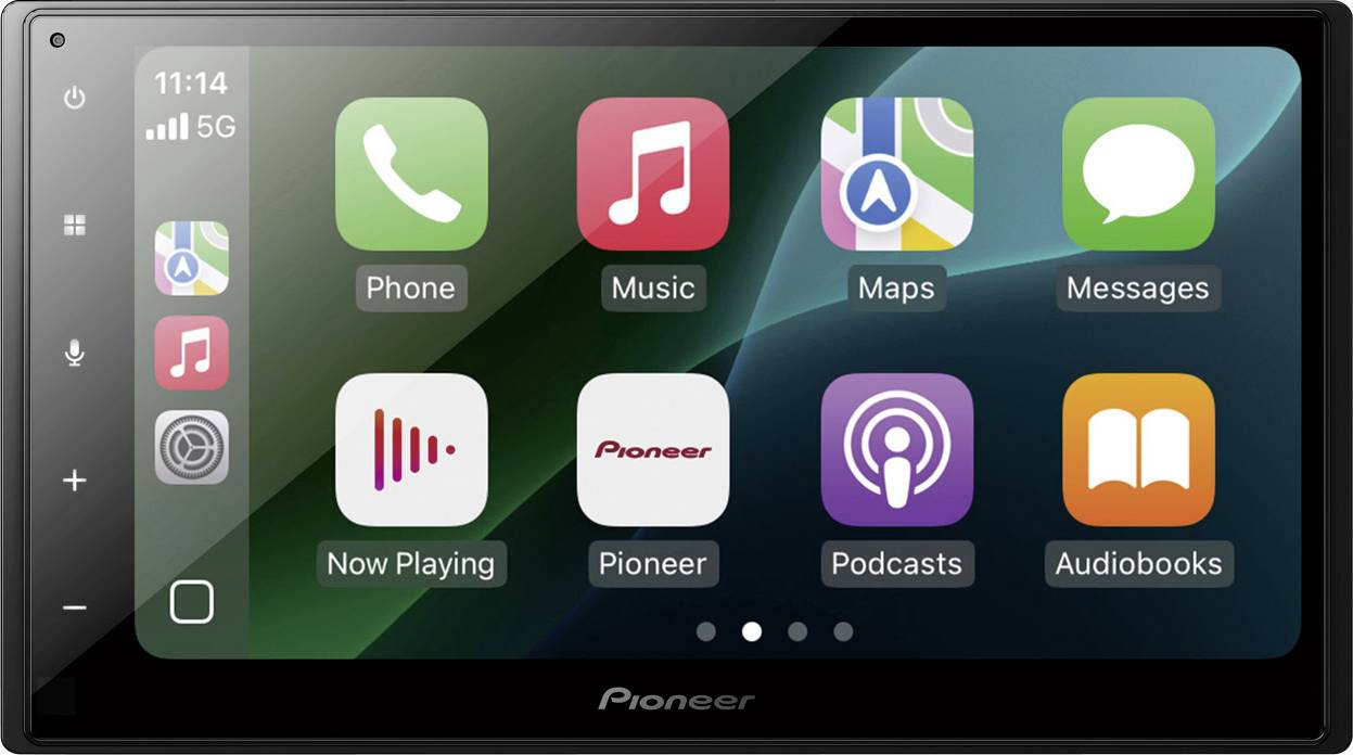 A car dashboard screen shows app icons including Phone, Music, Maps, Messages, Now Playing, Podcasts, and Audiobooks.