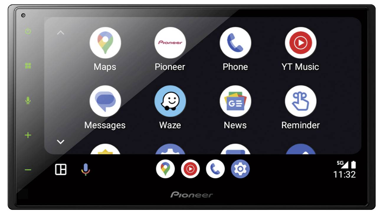 A car dashboard display featuring navigation, media, and communication apps like 'Maps', 'Pioneer', 'Phone', 'YT Music', and 'Waze'.