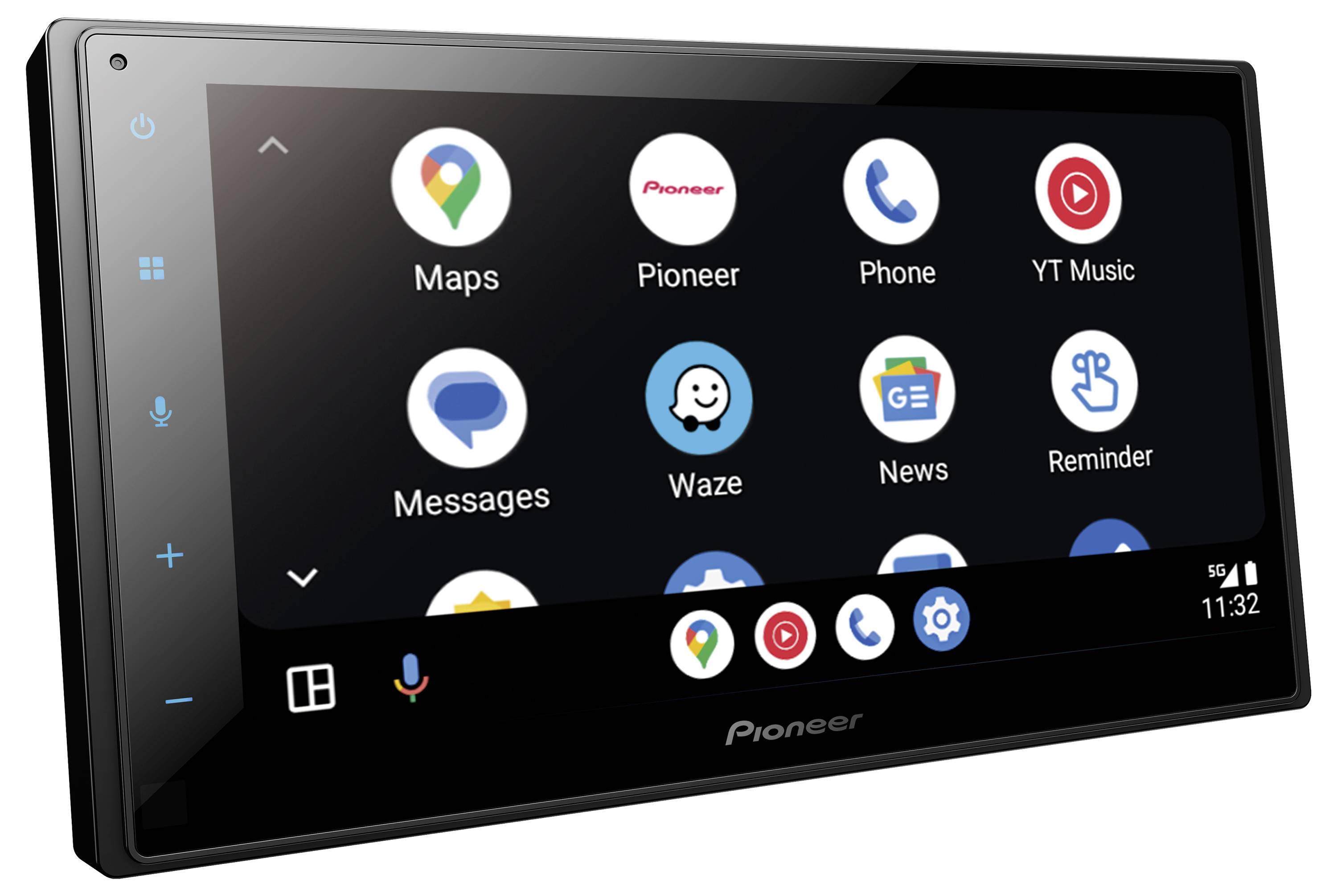Car touchscreen display showing app icons like 'Maps', 'Phone', 'Messages', and 'YT Music'. Time is 11:32, and signal strength is full.