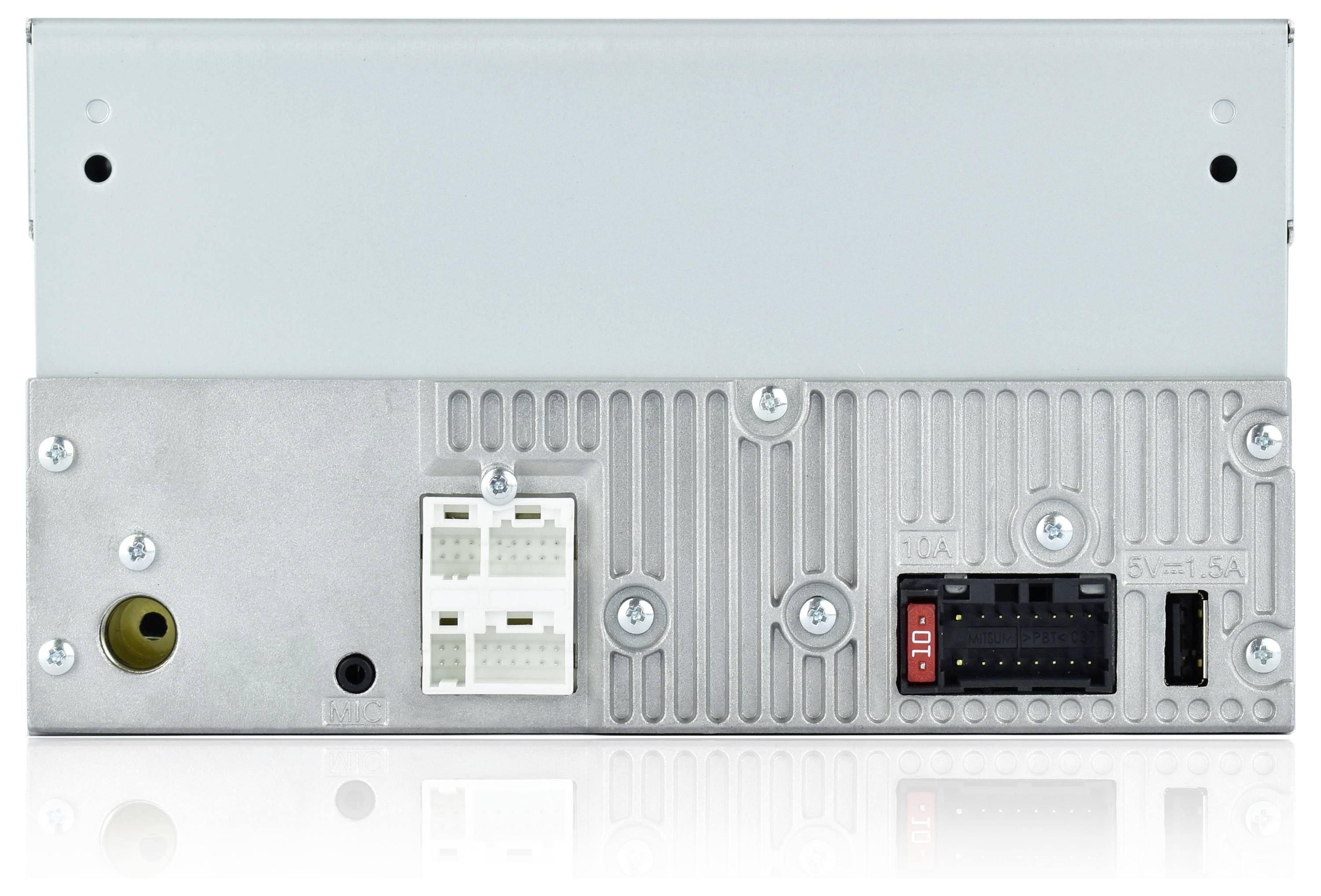 Rear view of a car stereo showing connectors for power and speakers, a fuse slot labeled '10A', and a USB port on the metal casing.