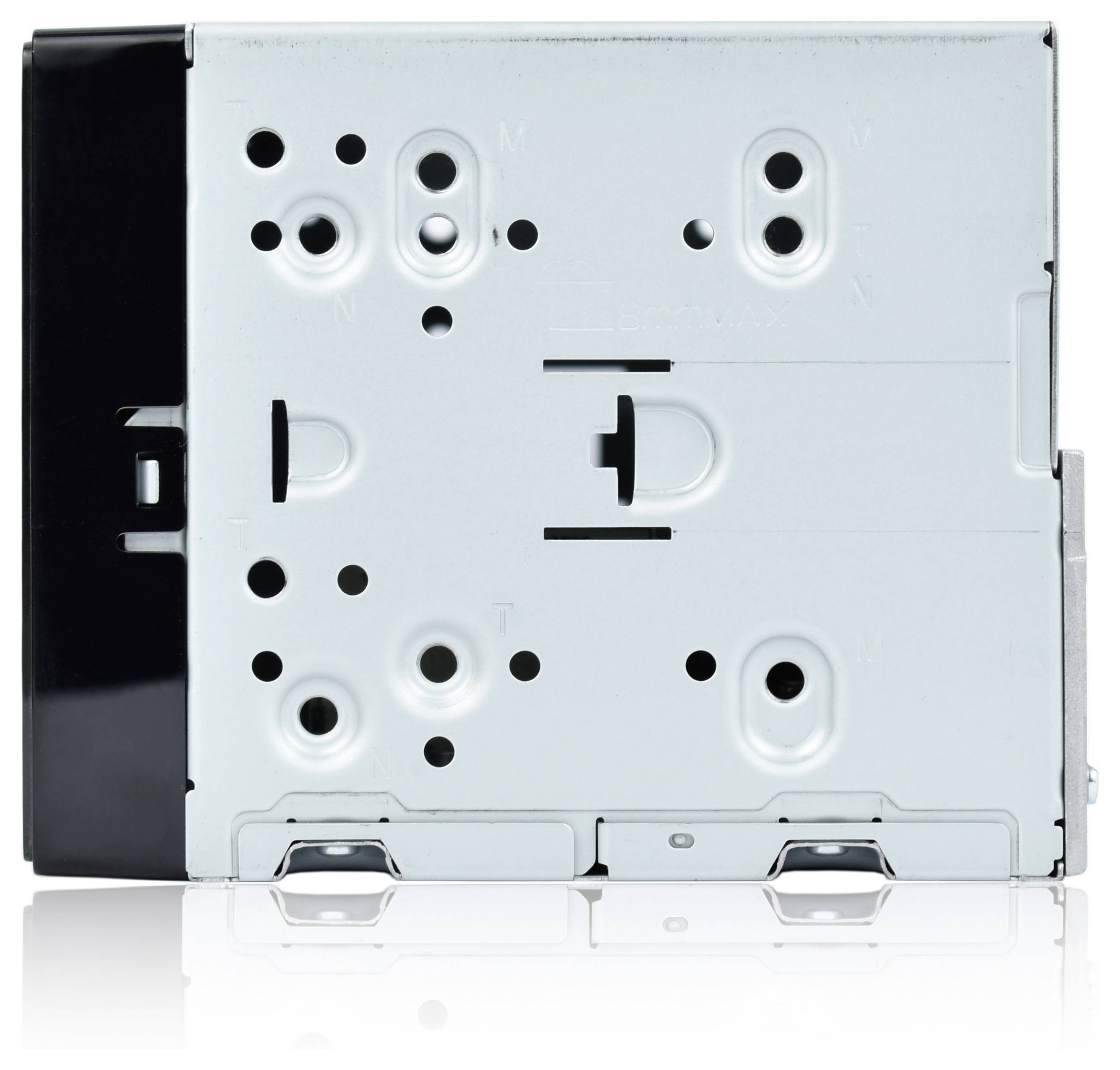 A metal electronic device with various cut-out holes and mounting slots, possibly part of a car stereo system or similar equipment.