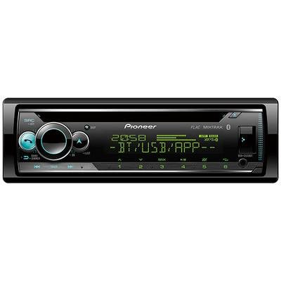 Car stereo displaying '28:58 DT USB1 IPOD'. Features include volume knob, digital screen, and various buttons for control.