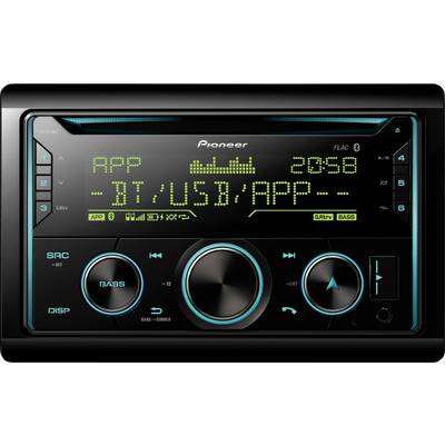 Car stereo display showing radio settings and input options including 'APP', 'BT', 'USB', with control buttons for bass and volume.