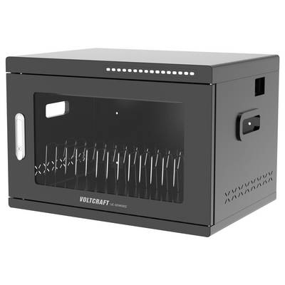 Black Voltcraft locker-style cabinet with a glass front door, side handle, and ventilation slots, shown closed on a white background.