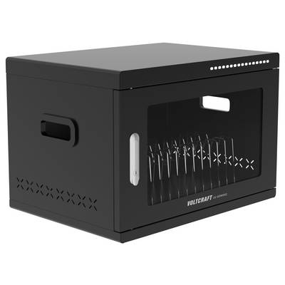 Black wall-mounted network cabinet with a glass front door, vents, handle, and visible cable management inside.<br>