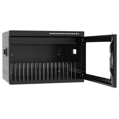 Open black metal cabinet or rack with a hinged glass-front door, showing rows of vertical slots or connectors inside.