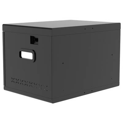 Black metal equipment cabinet with side carry handle and ventilation slots, shown in three-quarter view on a white background.