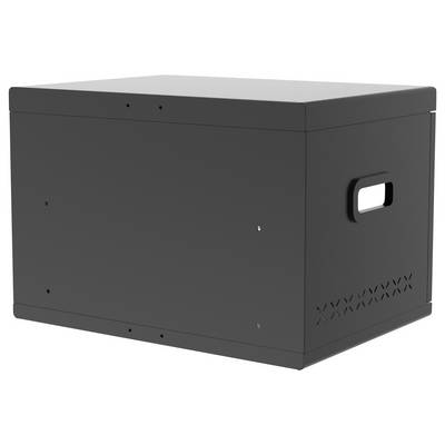 Black rectangular metal storage box or equipment enclosure with a side carry handle and ventilation slots<br>