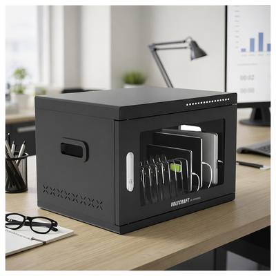 Black portable storage cabinet with a glass door, holding multiple tablets or laptops on a desk in an office<br>