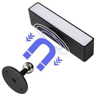 3D illustration of a magnetic mounting system with a magnet and metal plate snapping together, showing magnetic attraction and alignment.