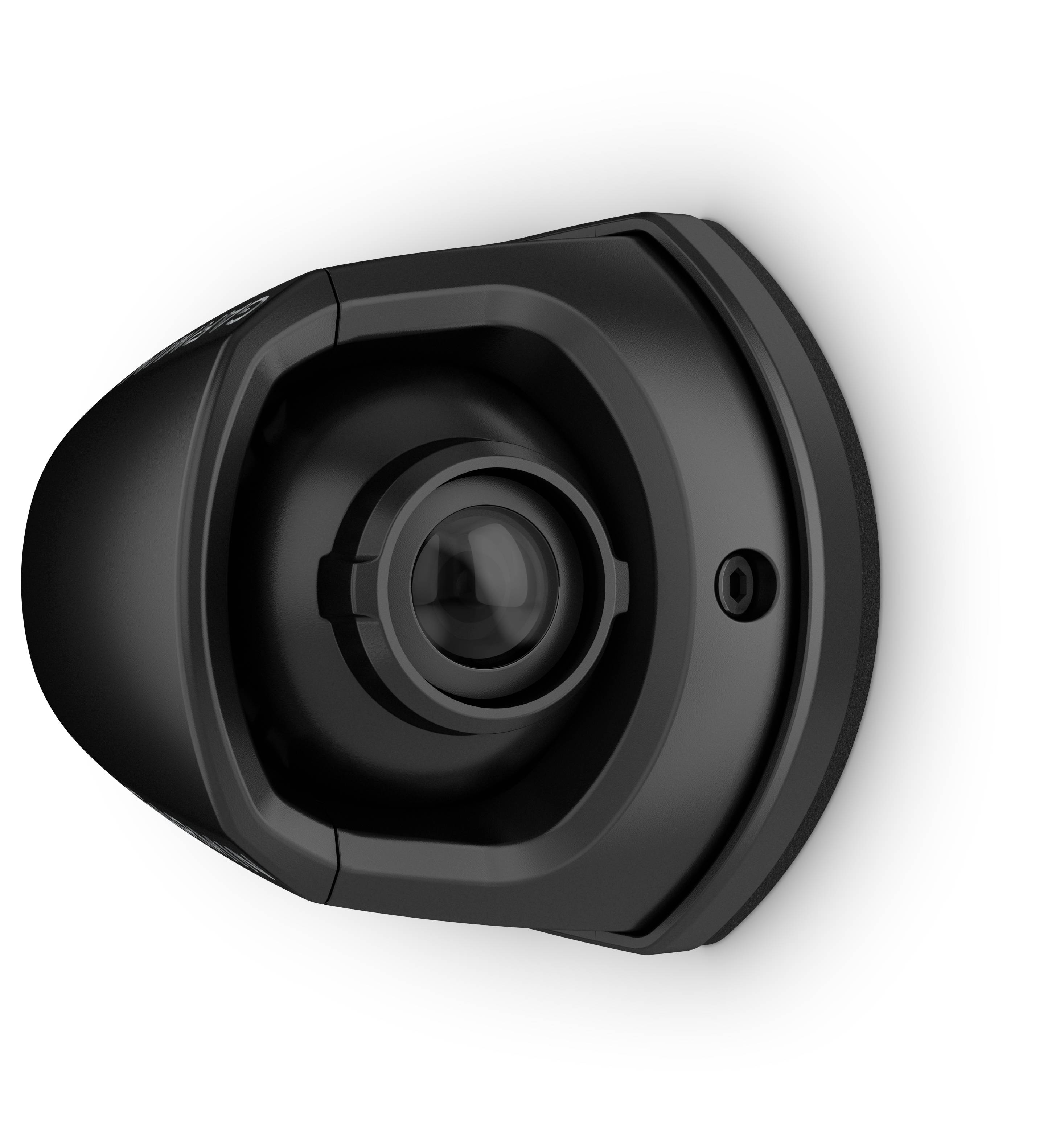 A black dome security camera with a wide-angle lens, mounted on a white background, designed for surveillance purposes.