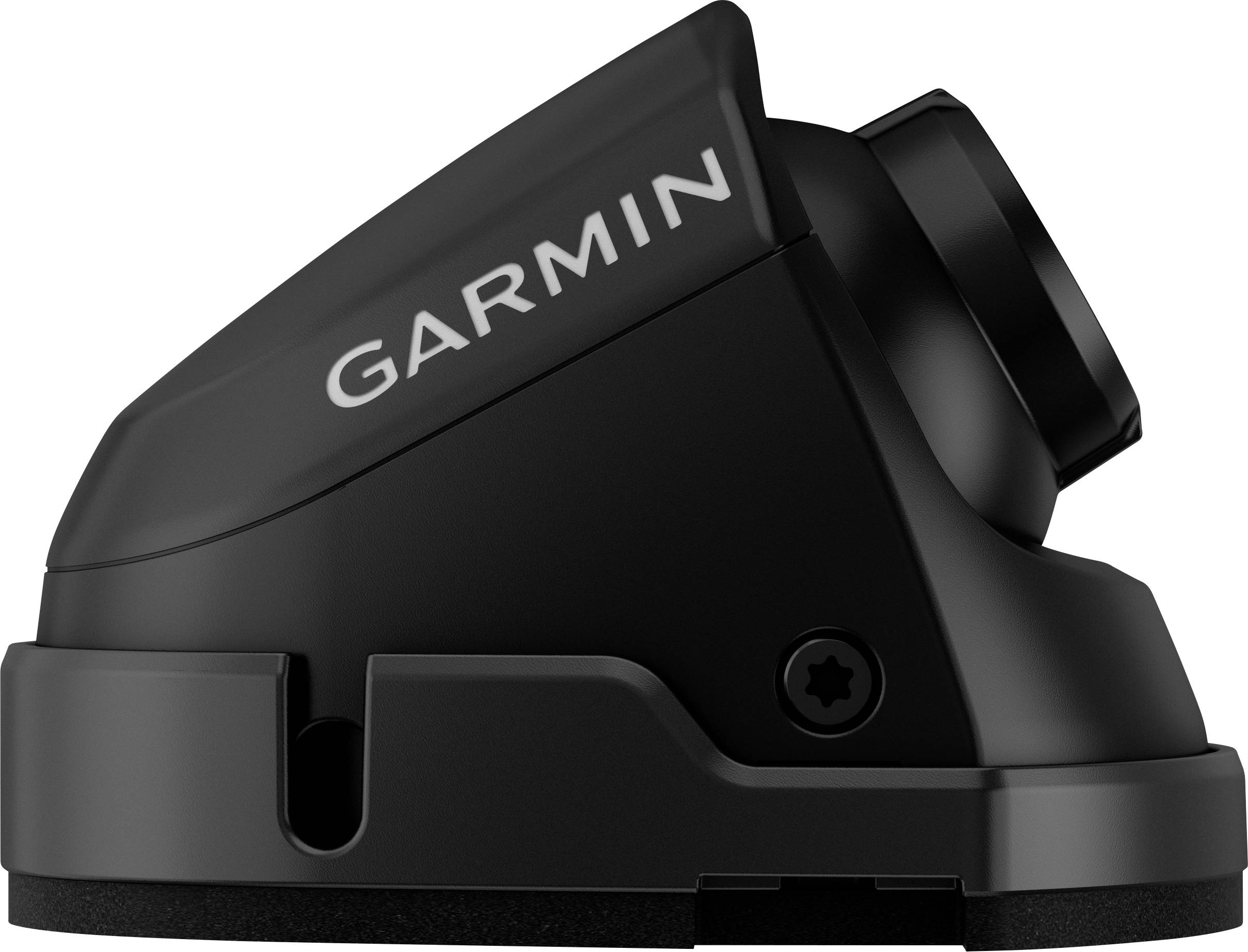 A black Garmin marine compass, shown from the side, features a sleek, curved design, suitable for navigation use in boats and watercraft.