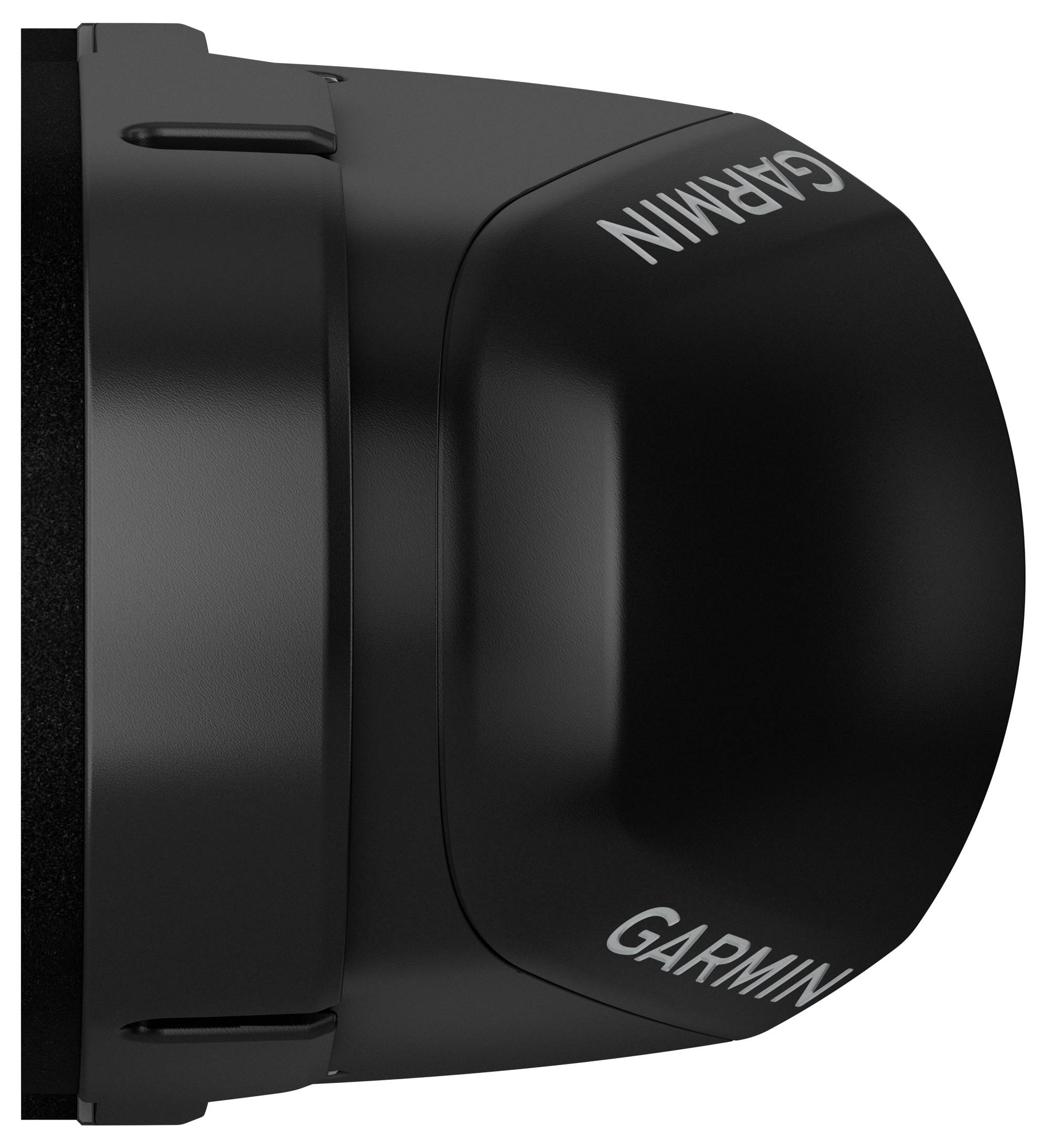 A black Garmin radar dome facing right, showing the brand name prominently on the surface, suitable for marine navigation.