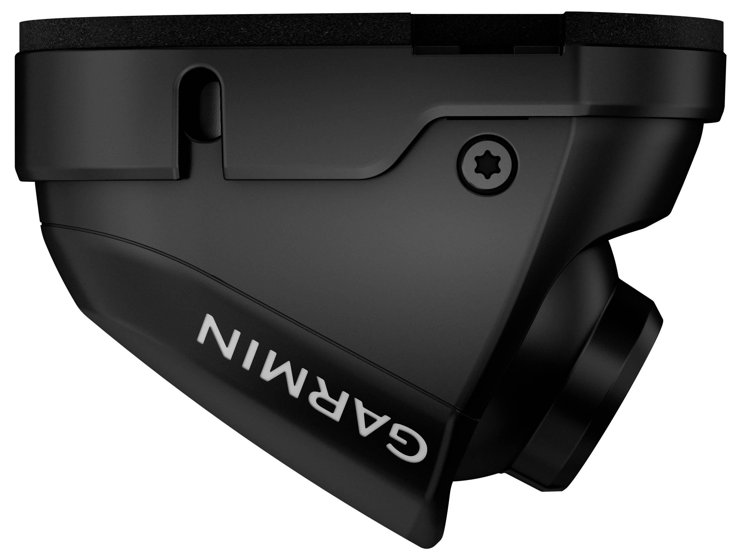 A black downward-facing camera with a sleek design, labeled 'Garmin.' It is compact and likely used for mounting on vehicles or devices.