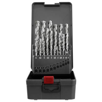 A black and steel drill bit set with multiple sizes, labeled from 1 to 10 millimeters, organized in a black plastic case with red latch.
