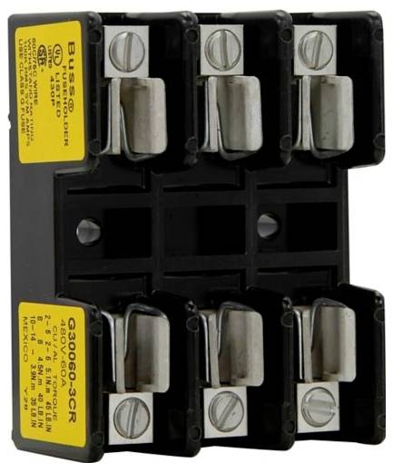 A black three-pole fuse holder with six metal connectors, labeled 'Bussmann G30060-3CR', suitable for electrical circuit protection.