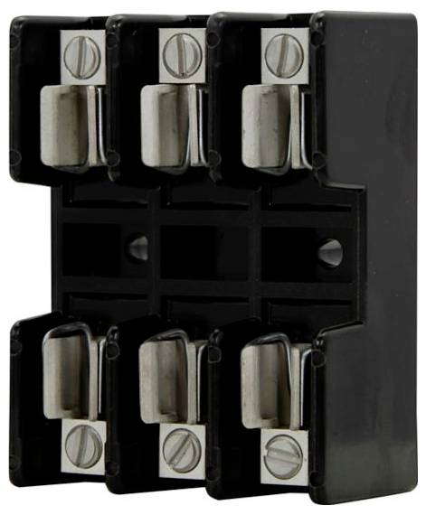 A black electrical fuse block with six slots, each holding metal clips and screws for securing fuses, used for electrical circuit protection.