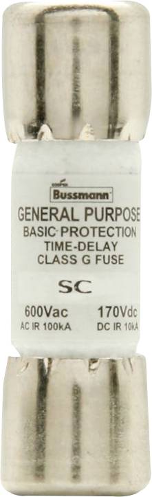 A cylindrical fuse with metal caps labeled 'Bussmann General Purpose, Basic Protection, Time-Delay, Class G Fuse', rated at 600Vac, 170Vdc.