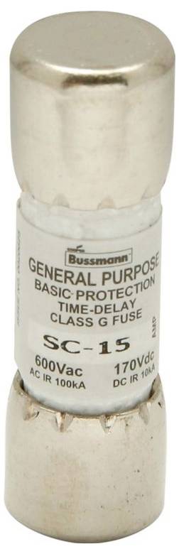 'General purpose time-delay class G fuse, Bussmann brand, SC-15, 600Vac, 170Vdc, AC IR 100kA.'