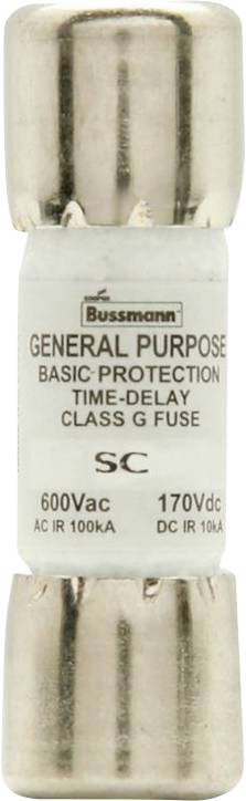 A Bussmann Class G fuse for basic protection, labeled 'Time-Delay', rated for 600VAC and 170VDC, with 100kA AC interrupt and 10kA DC interrupt.