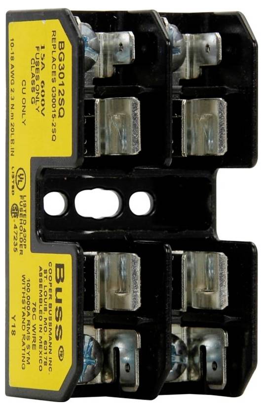 A four-circuit fuse holder labeled 'Buss BG 3011 SQ, 30A, 600V'. Designed to hold and secure fuses for electrical protection.