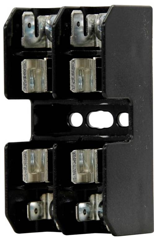 A black electric terminal block with six metal connection points, used for wiring and circuit connections.