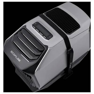 Portable EcoFlow cooler with a digital control panel, black and gray design, featuring a top-facing vent and securing strap.