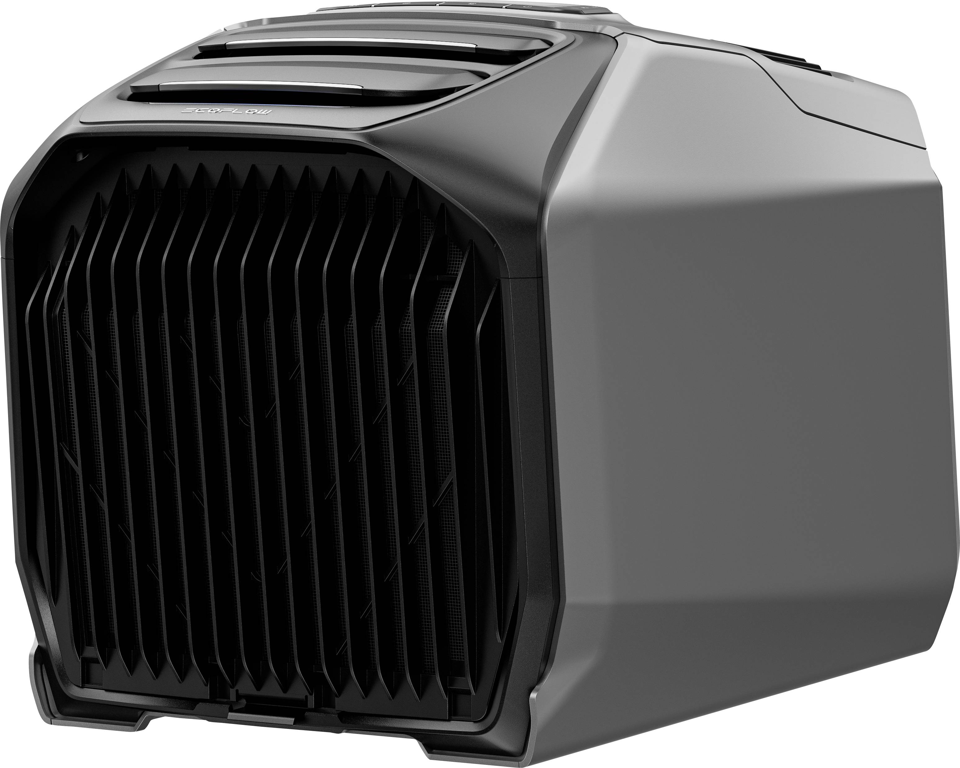 A gray, box-like portable air conditioner with a vented front, designed for cooling small to medium-sized spaces.