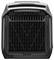 A black air purifier with a grill design, displaying its front panel, rectangular in shape.