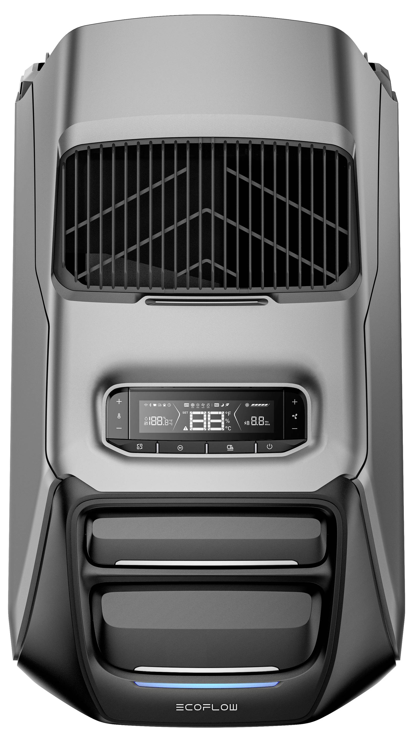 'Portable air conditioner with digital display showing temperature and settings, featuring a modern design for efficient cooling.'