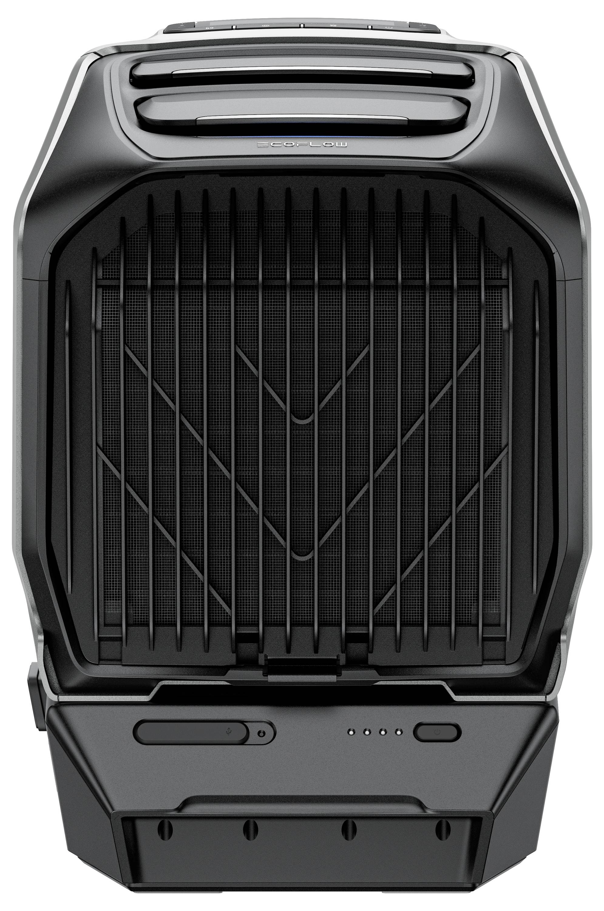'Top view of an open electric grill with a black grilling surface and controls at the base, indicating readiness for cooking.'