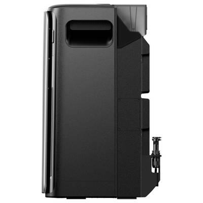 A black, upright coffee machine side view, with a visible handle and an attached container on the back.