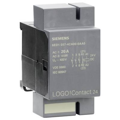 A gray Siemens circuit breaker labeled 'LOGO! Contact 24', shows specifications: 20A, AC-1, 400V, VDE 0660, IEC 60947.