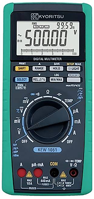 Digital multimeter displaying a reading of '500.00' on the LCD screen, with various buttons and dials for measuring electrical values.
