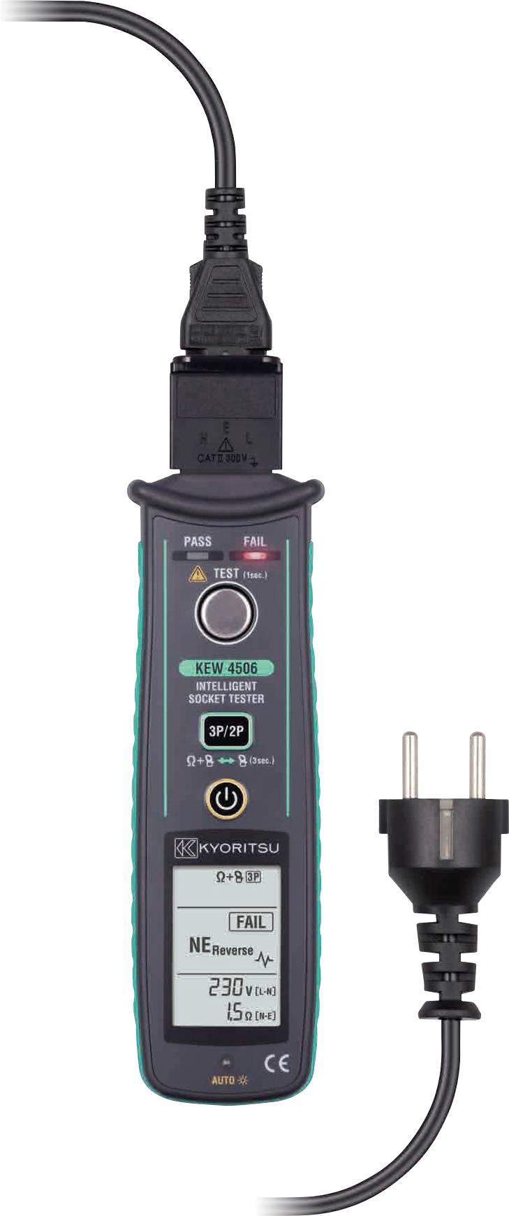 A portable electrical safety tester with a digital display, showing 'PASS' and '230V'. It has connected cables with a plug end.