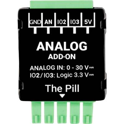 'Analog Add-On' module labeled with 'GND', 'AN', 'IO2', 'IO3', '5V'; features 0-30V input and 3.3V logic outputs; named 'The Pill'.
