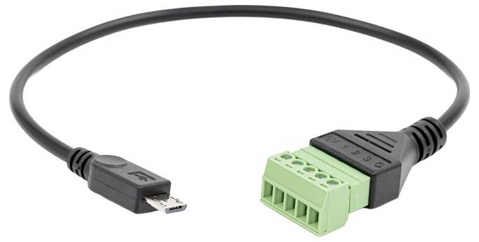 A USB to terminal block adapter cable with a micro USB connector on one end and a green screw terminal block on the other.