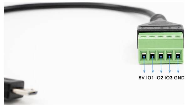 A cable with a 5-pin connector labeled: '5V', 'IO1', 'IO2', 'IO3', 'GND', used for electrical signaling or power supply.