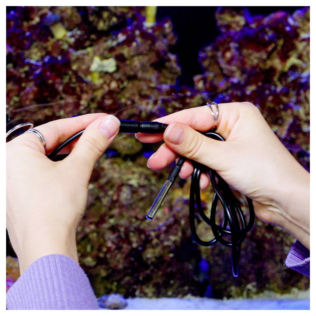 Two hands holding a thin, black wand-like object in front of a colorful, abstract background.