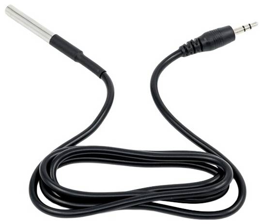A black audio cable with a 3.5mm jack on one end and a silver cylindrical sensor on the other, likely for measuring temperature or audio input.