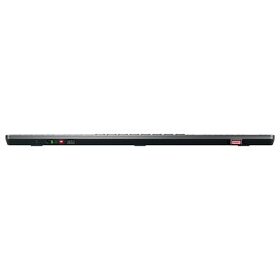 A black electronic keyboard viewed from the rear, showing power and connectivity ports, with red labels near plug outlets.