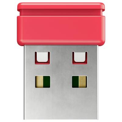 A USB stick with a metal body and a red plastic cap, shown in a close-up front view.