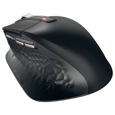 An ergonomic black computer mouse with textured side, multiple buttons, and an LED light indicator on top.